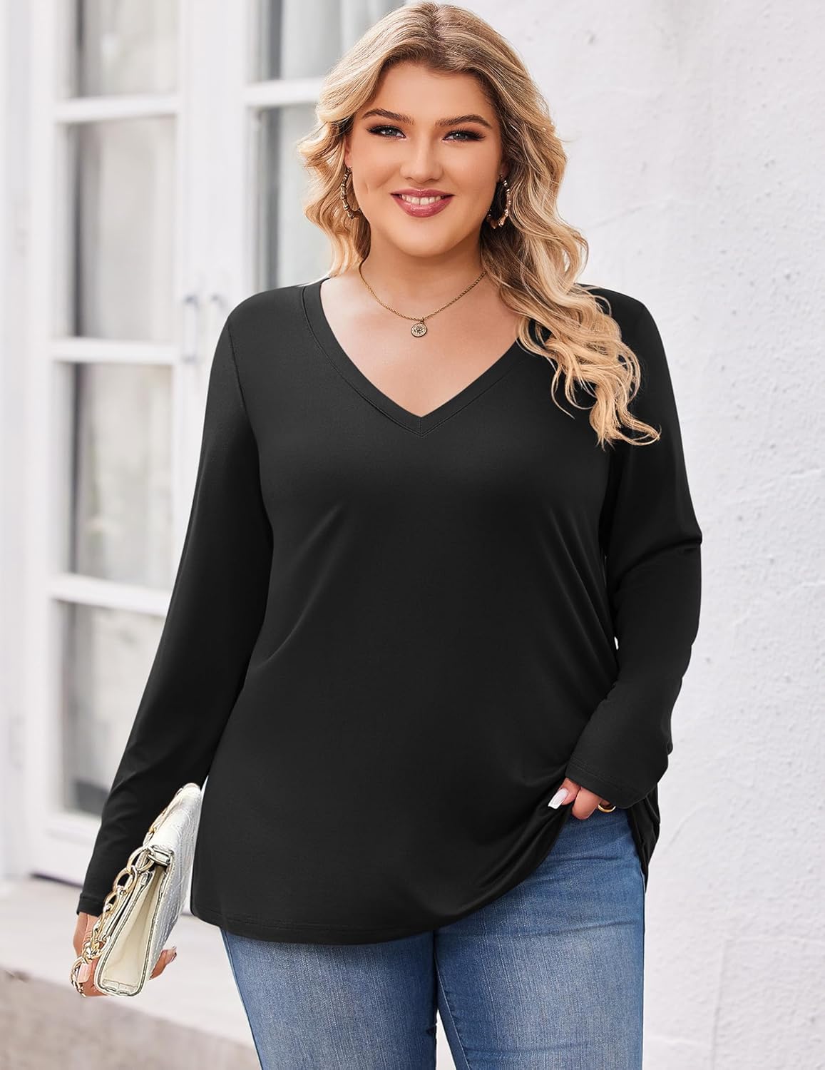 IN'VOLAND Womens Plus Size Long Sleeve Shirts V Neck Basic Tee Tops Loose Fit Fall Outfits for Women 1X-5X
