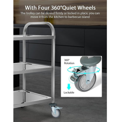 Shelf 3 Tier Stainless Steel Utility Cart, Kitchen Cart, Rolling Service Cart with Island, Storage Shelf for Catering with Locking Wheels Organizer Rack