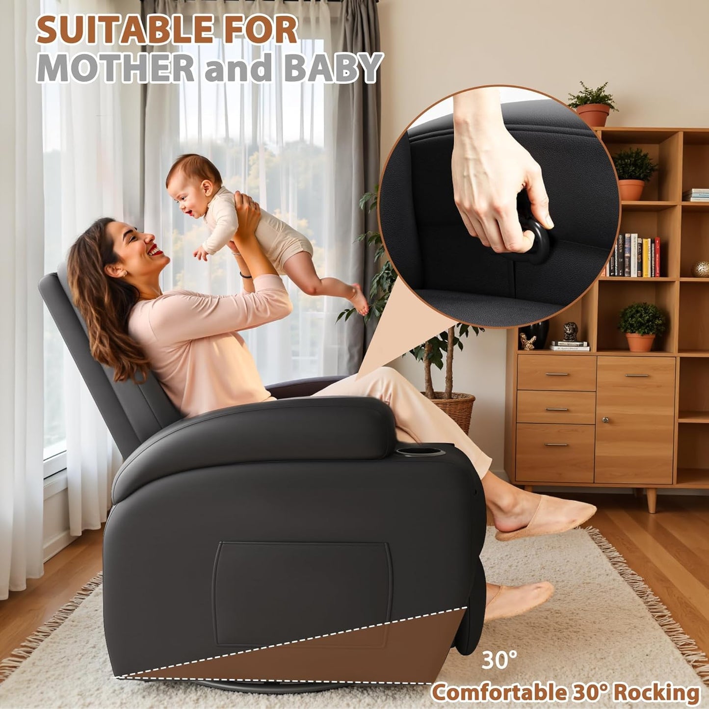 Flamaker Swivel Rocker Recliner Chair with Vibration Massage, 360° Swivel Recliner Chairs for Adults Ergonomic Lounge Chair with Cup Holders Lazy Boy Recliner Single Sofa Seat (Leather, Black)