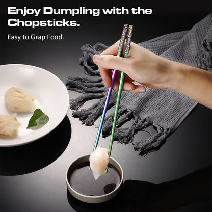 TIICOO Metal Chopsticks Reusable 18/8 Stainless Steel Chopsticks Laser Engraved Premium Titanium Chop Sticks Dishwasher Safe Lightweight Japanese Korean Chopsticks 5 Pairs Gift Set (Rainbow)