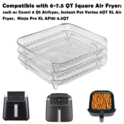 BYKITCHEN 8 inch Square Air Fryer Rack, 3pcs Stackable Stainless Steel Dehydrator Rack with Silicon Feet, Square Air Fryer Accessories for Cosori, Instant Vortex, Ninja Pro XL 6.5 QT AF181 & More