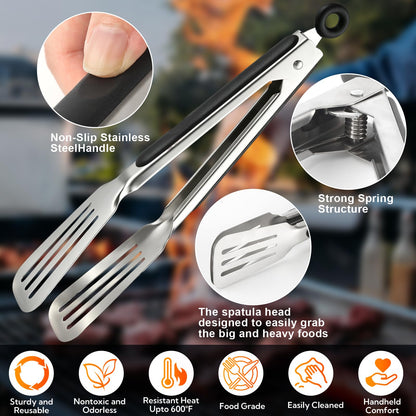 Metal Tongs for Cooking, Set of 3 Stainless Steel Spatula Tongs – 7, 9 & 12 Inch Heavy Duty Kitchen Tongs with Strong Grip, Pull Lock for Grilling, Flipping Steak, Fish & Ribs