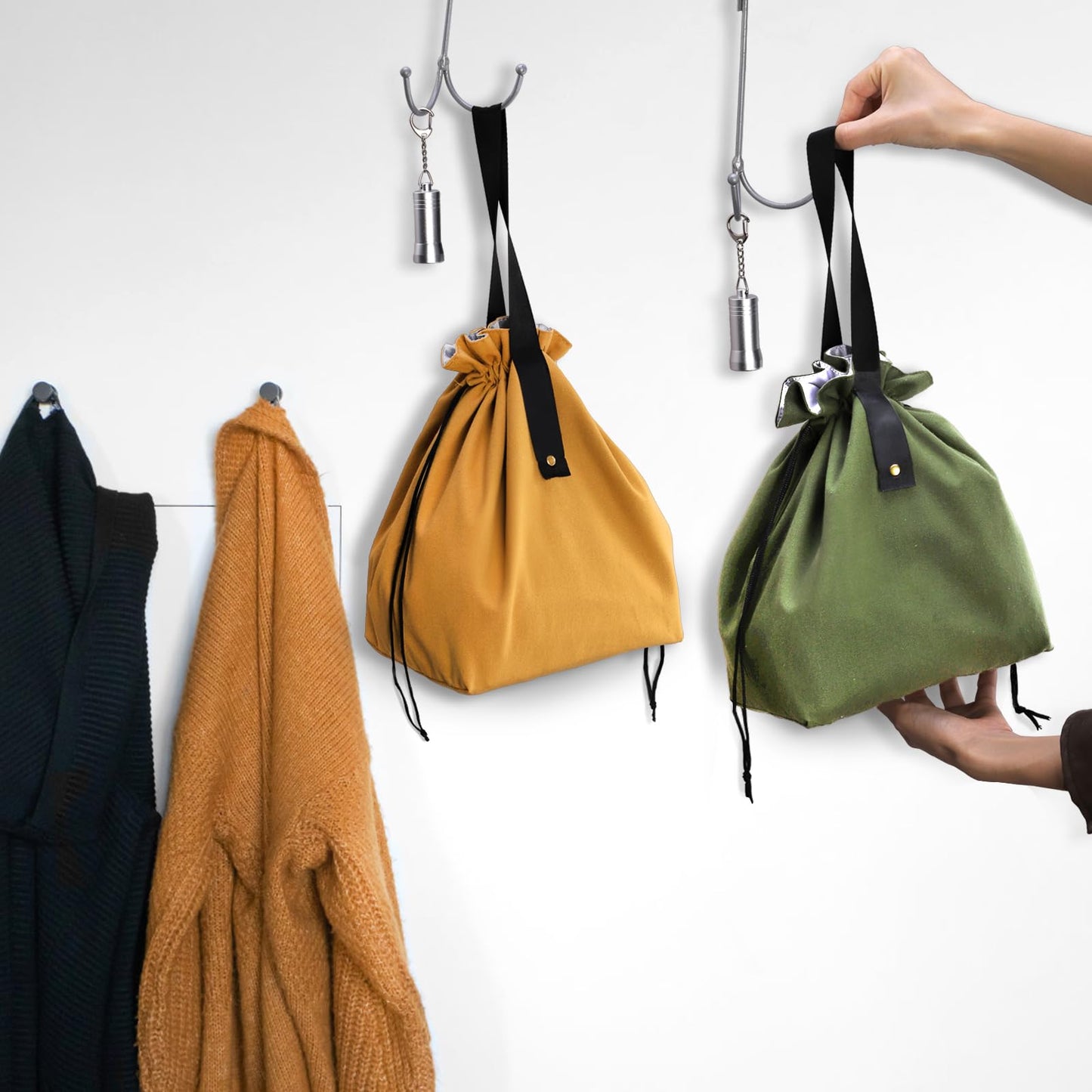 Yesland 2 Pack Reusable Lunch Bag, Canvas Insulated Lunch Handbag Tote Bag with Handle and Drawstring Closure Foldable and Lightweight Lunch Box for Work, Office, Picnic, Travel, Yellow, Green