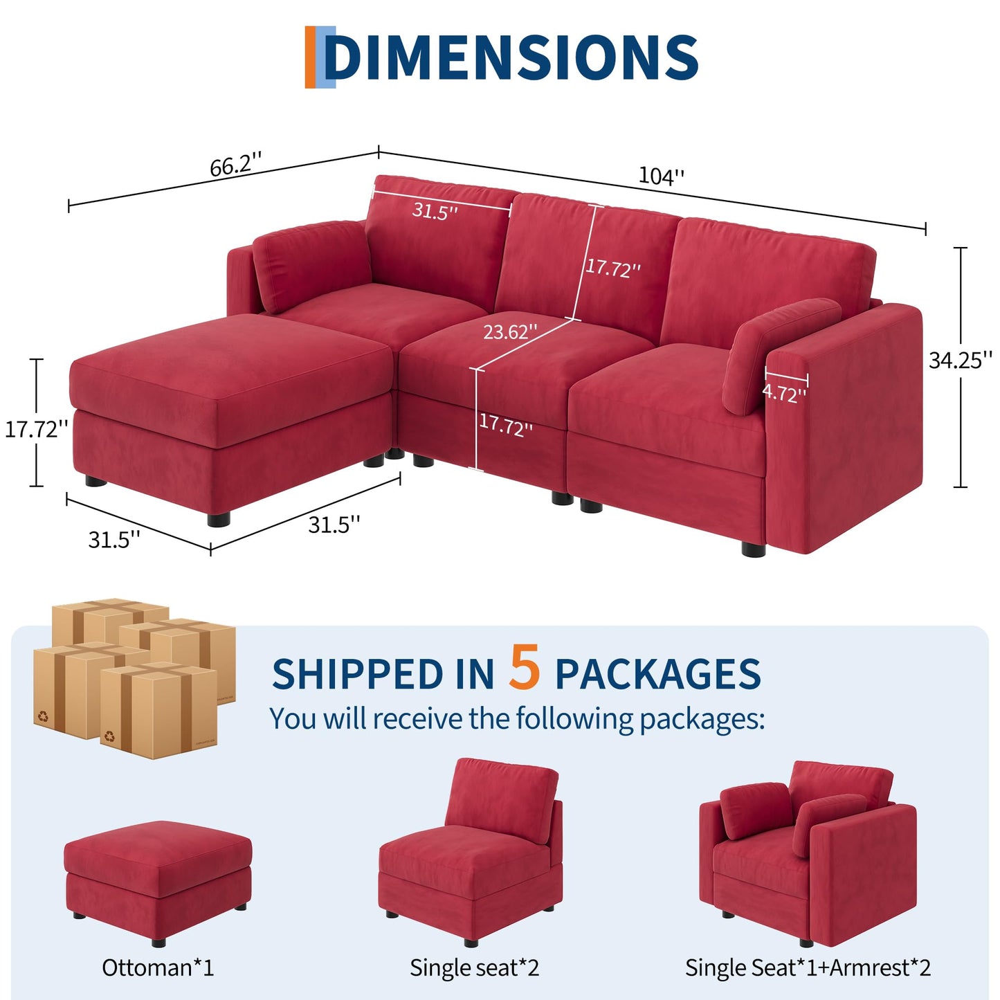 IDEALHOUSE 104" Modular Sectional Sofa, 4 Seater Sectional Couch, L-Shape Modern Sofa with Ottoman, Deep Seat, Oversized Convertible Modular Couch for Living Room Apartment Office, Chenille, Red
