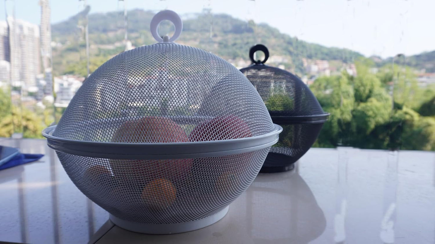 YELKPX Metal Mesh Fruit Bowl with Lid (Set of 2) - Fruit Fly Proof Kitchen Counter Storage Basket for Fruits, Vegetables, Bread - Black White Green Gray Options (Black & White)