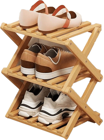 3 Closet Tier Natural Bamboo Shoe Rack,Foldable Space Saving Shoe Storage Organizer,Easy Assembly & Strong Design Shoes