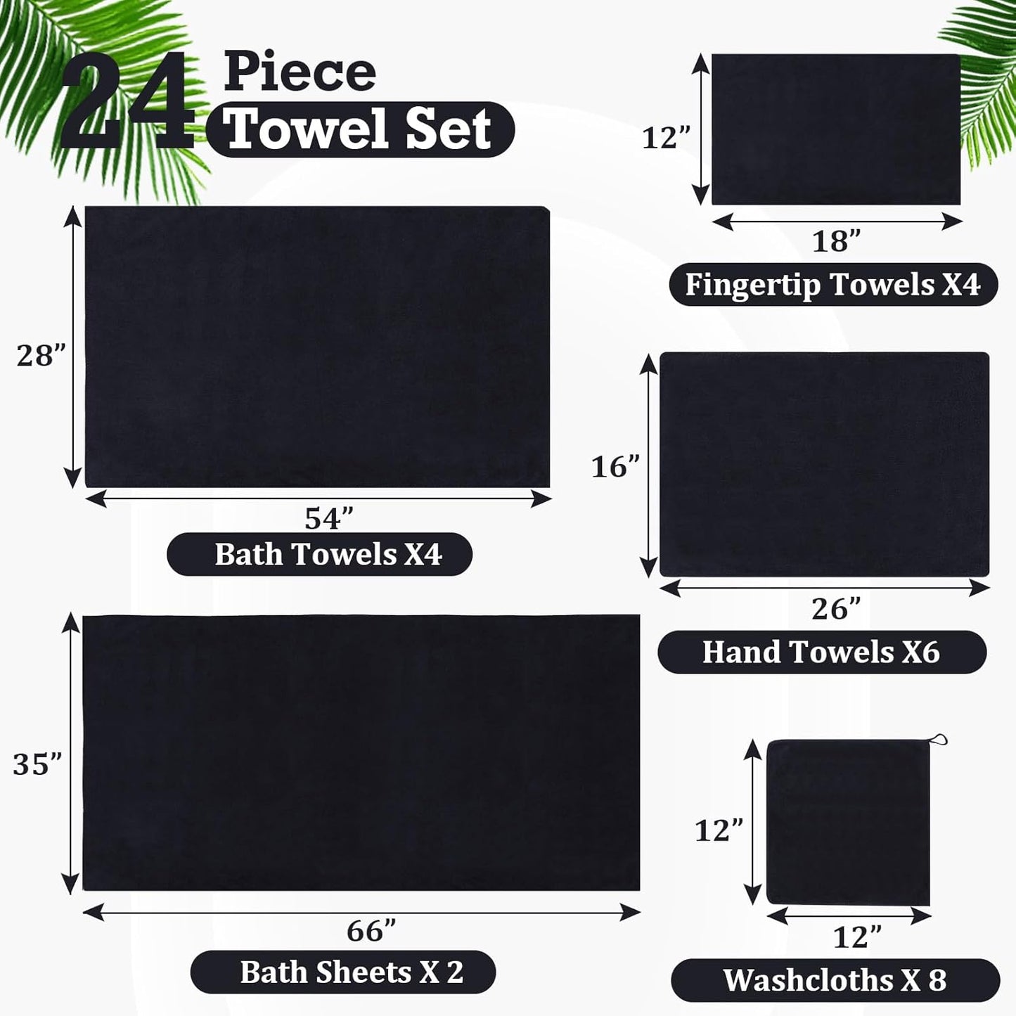 24 Set: 2 4 6 8 4 Mixweer Piece Black Microfiber Absorbent Towel Oversized Bath Sheets, Bath Towels, Hand, Washcloths