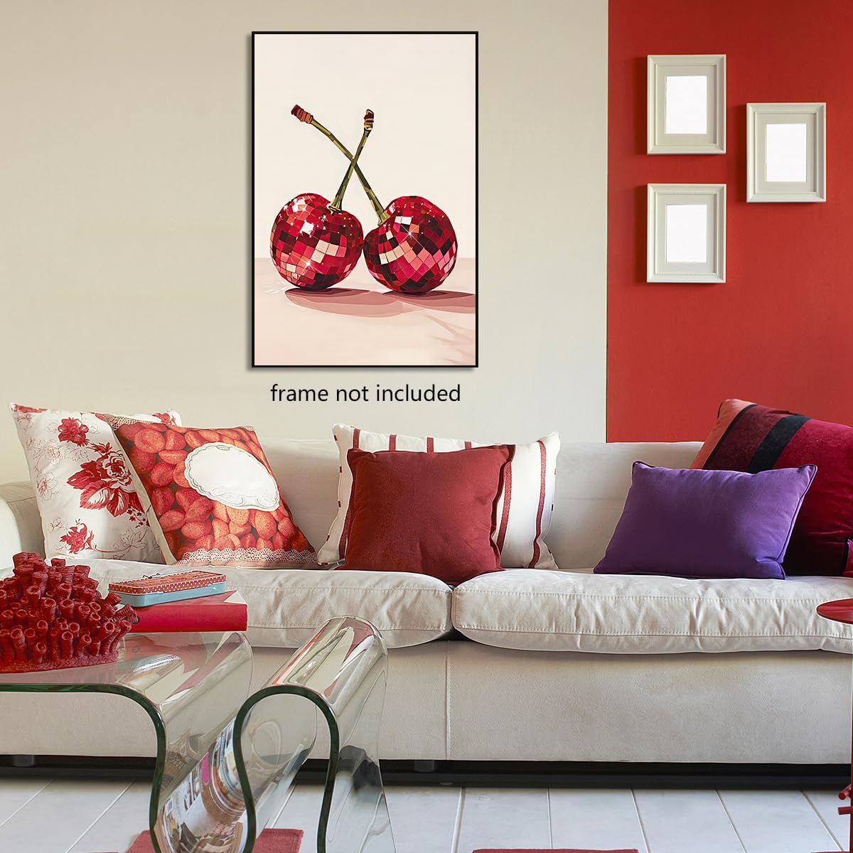 xbsifyiooa 24x36in Trendy Disco Ball Print Poster, Funky Disco Cherries Art Canvas, Pink Cherries Picture, Fruit Wall