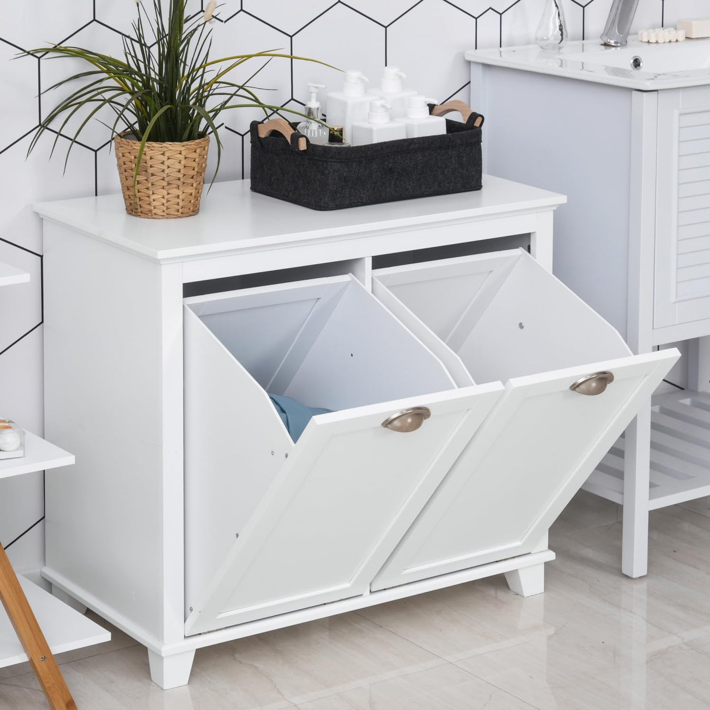 Geelife Tilt-Out Laundry Sorter Bathroom Cabinet, White - MDF White - Front Tilt Out Hamper - Bathroom, Design