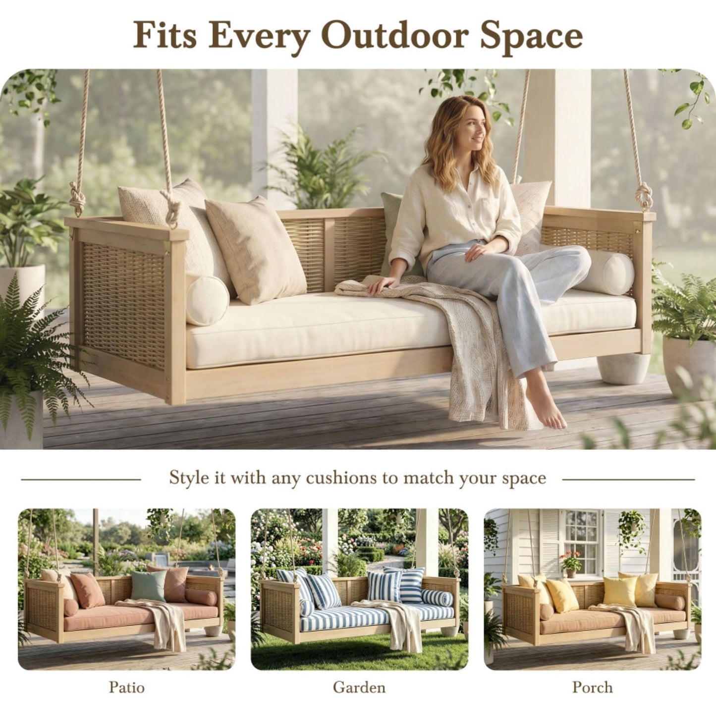 Outdoor Twin Size Porch Swing Bed w/Solid Wood Frame for Garden, All Weather Wooden Swing Bench w/Hand Woven Rattan Backrest & Armrest for Patio, Deck, Balcony, Backyard (Light Teak)