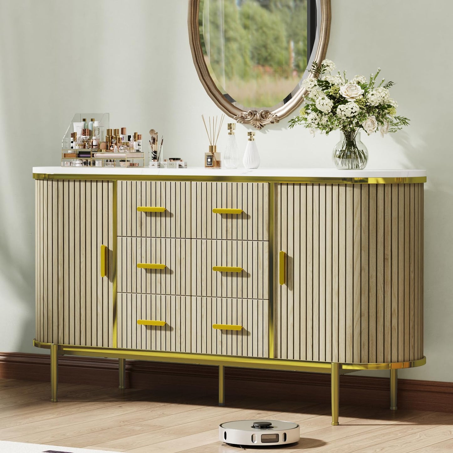 BouPower 59" Modern Fluted Sideboard Buffet Cabinet with Faux Marble Top, Record Player Stand Storage Cabinet with 2 Doors & 6 Drawers, Coffee Bar Console Table for Dining Room, Living Room, Kitchen