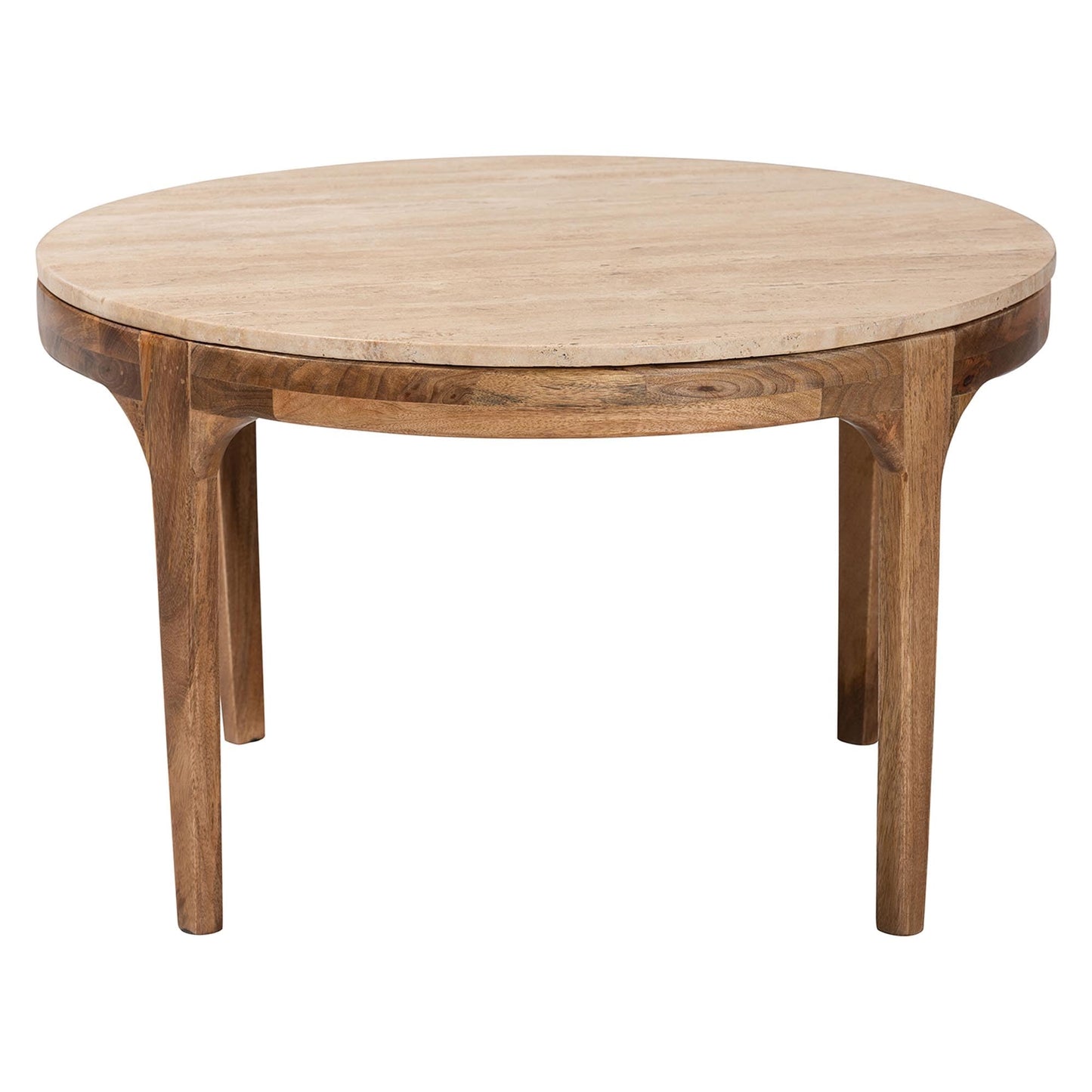 Baxton Studio Prospero Round Travertine Coffee Table - Modern Accent Table with Mango Wood Frame for Living Room or Seating Areas