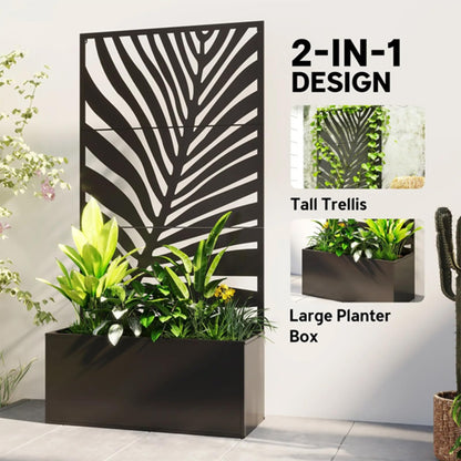 Amgalers Leaf Cutout Privacy Screen Planter Box with Trellis, Metal Raised Garden Bed for Patios, Balconies & Gardens(Large)