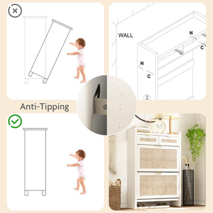 Shoe Organizer Cabinet Storage for Entryway - Slim Rattan Shoe Rack for Front Door Entrance, Narrow Hidden Shoe Cabinet with Flip Drawers, Boho Shoe Holder Cabinet，Two Doors, White, Set of 2
