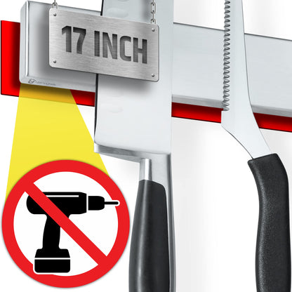 17" Strong Adhesive (No Drill) Magnetic Knife Holder for Wall - Professional Knife Strip - No Screws Needed - Adhesive Backing - Stainless Steel Knife Bar (Upgraded Version – Will Not Fall)