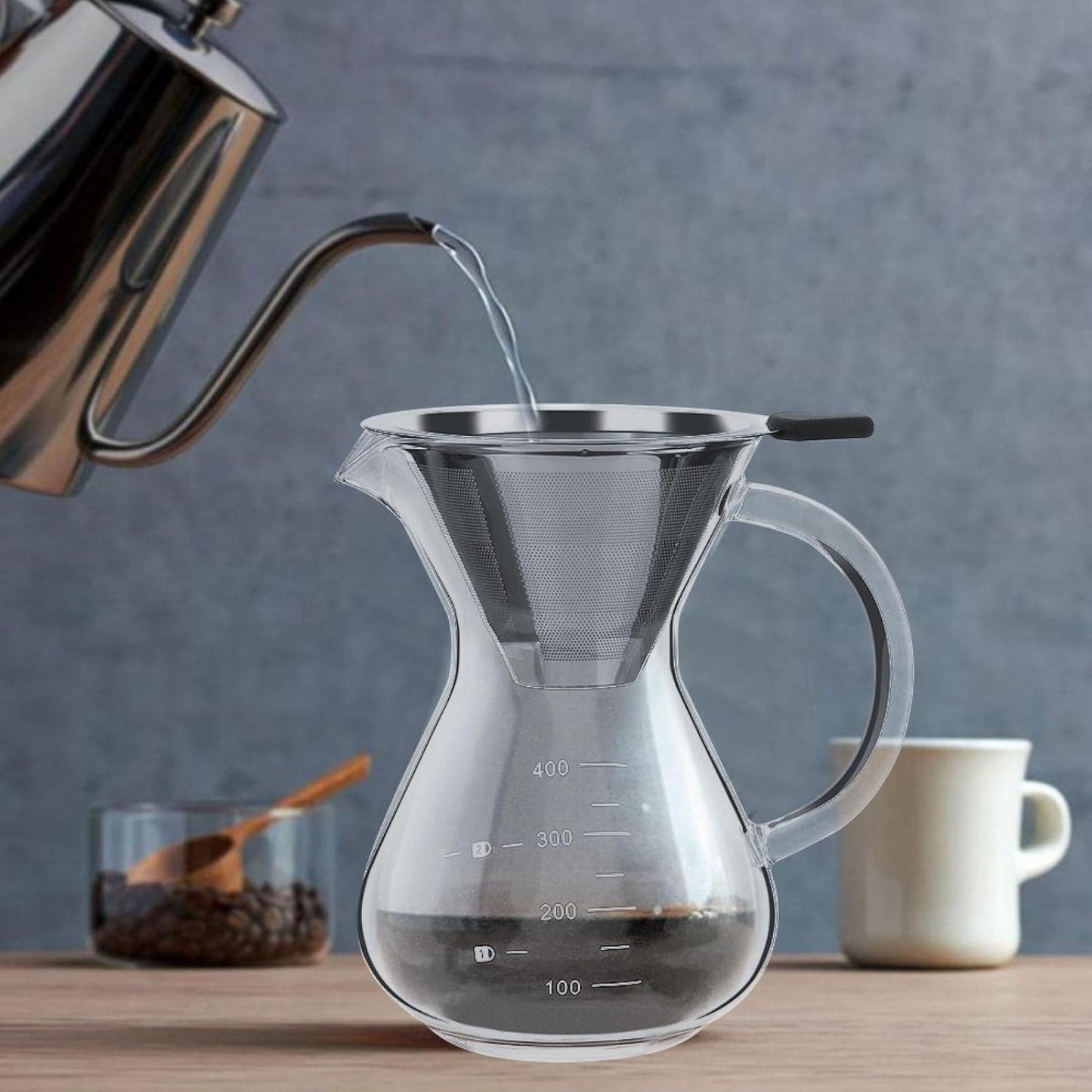 Pour Over Coffee Maker, Reusable 400ml Borosilicate Glass Hand Drip Manual Dripper Brewer Pot with Scale, Portable for