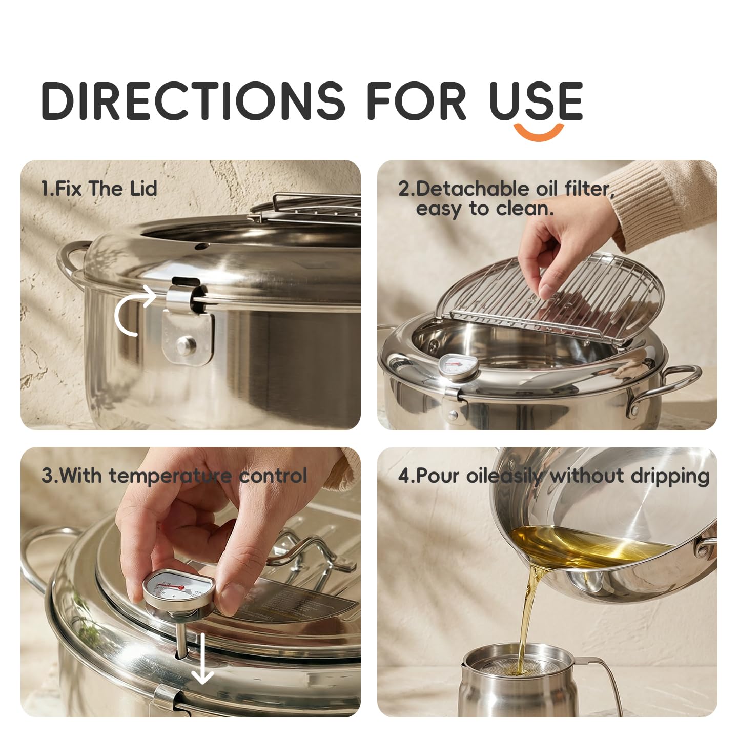 PUCOHOUSE Deep Fryer Pot, Japanese Frying Pot 4.2L/4.5Qt Large, 304 Stainless Steel Tempura Fryer with Lid, Thermometer and Oil Drip Drain Rack for Family Cooking