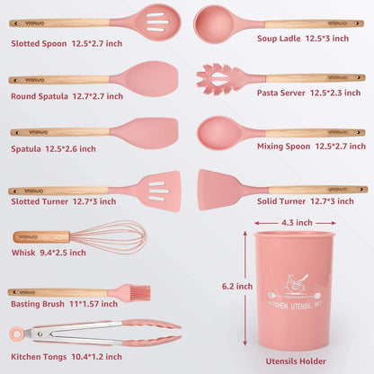 Silicone Cooking Utensil Set, 12 Pieces with Wooden Handles, Kitchen Spatula Sets with Holder Spoon Turner Tongs