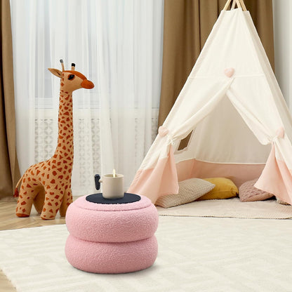 Mxfurhawa Storage Ottoman,Soft Teddy Velvet Upholstered Footrest,Mordern Round Footstool with Macaron Shape,Side Tabble