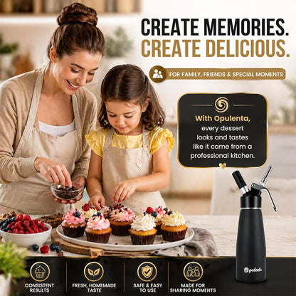 Opulenta Premium Whipped Cream Dispenser – Leak-Proof Whip Maker with 3 Stainless Steel Nozzles, Spatula, Food Pen & Brush – Professional Whipped Cream Maker Canister – N2O Not Included – 500ml