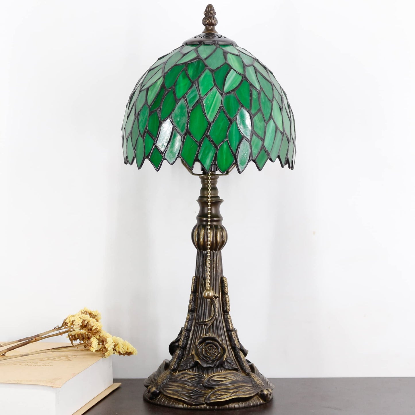 SYETL Small Tiffany Lamp Mini Stained Glass Desk Lamp Vintage Table Lamp Tiffany Style Night Light 8X17.5 Inch (Green Wisteria Leaves Style)