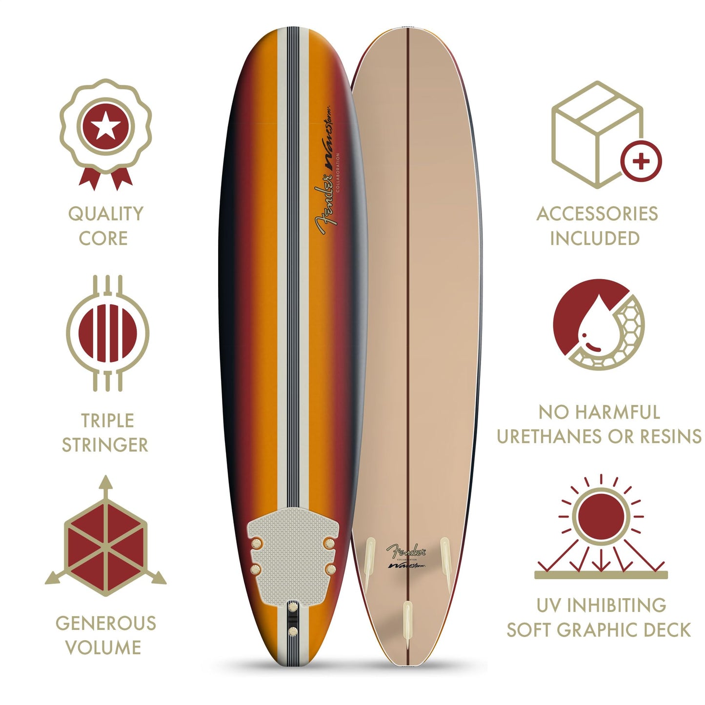 Fender x Wavestorm Collaboration 8ft Surfboard - Foam Constructed with Accessories