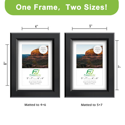 FrameWorks 2-Pack 1 3/8" Thick Black Wooden Shadow Box Picture Frames 5” x 7” with Removable White Mat to 4" x 6" Photo