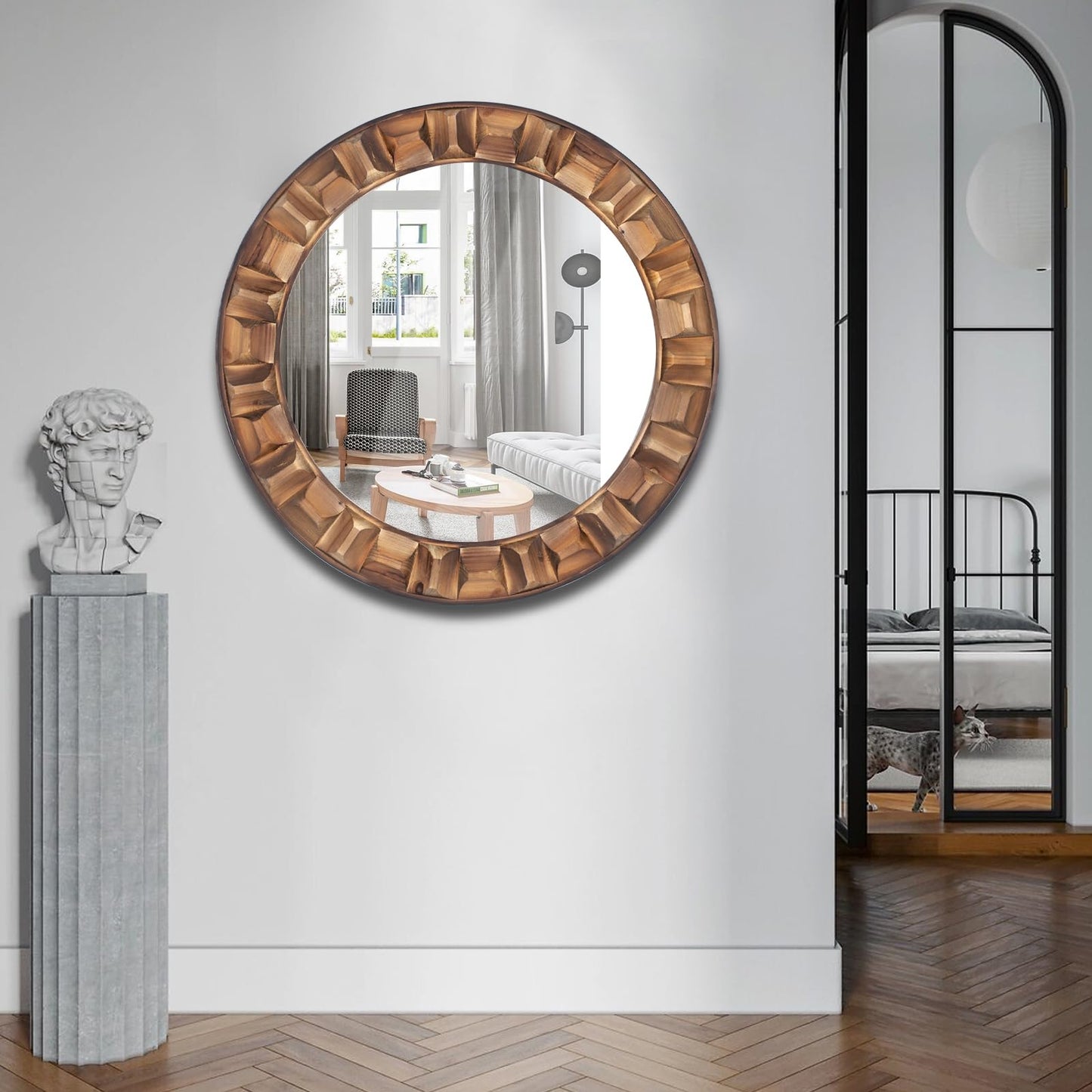 XGGJWW 30 Inch Dark Solid Wood Round Wall Mirror, Brown Wooden Decorative Circle Mirror for Bathroom, Bedroom, Living Room, Entryway, Hallway, or Foyer