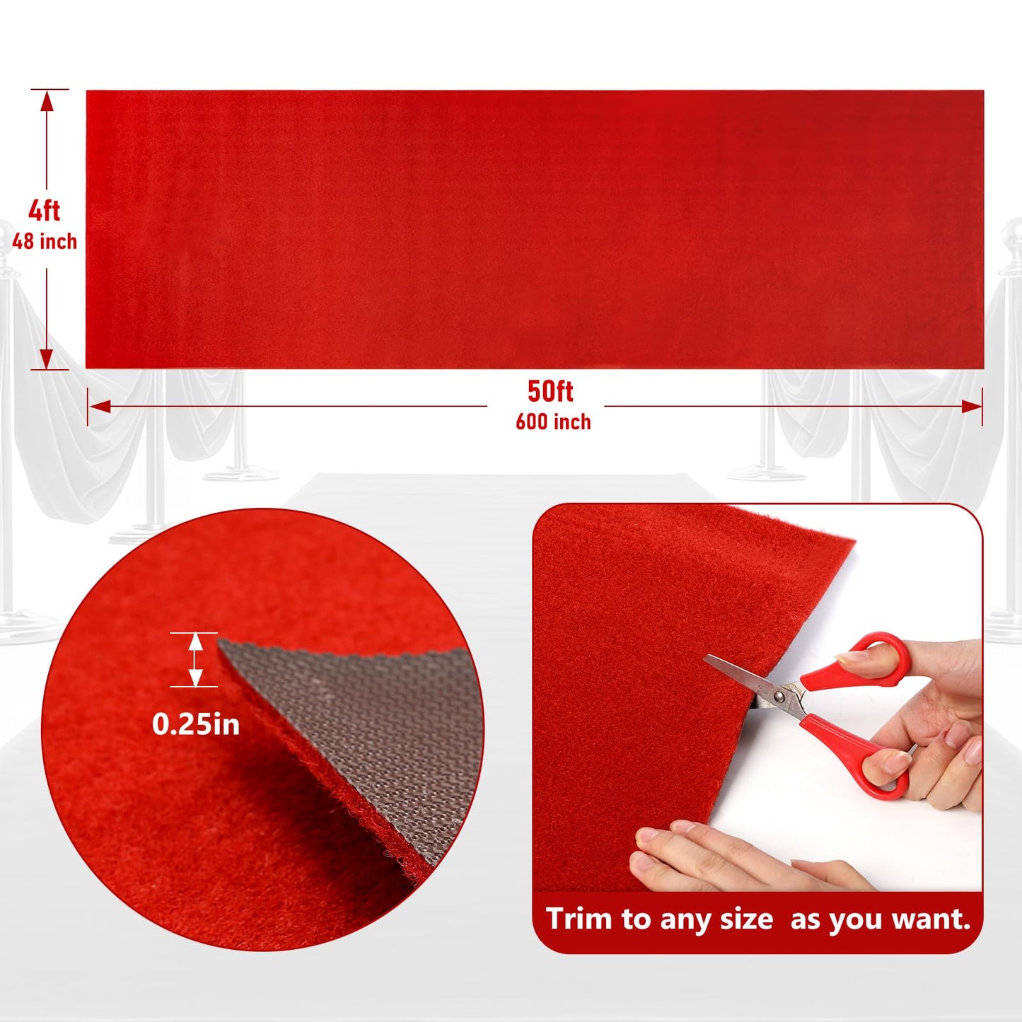 PBHEPJ 4ft x 50ft Extra Thick Red Carpet Runner for Party & Hollywood, Festival Celebration, Wedding, Graduation Ceremony, Award Ceremony, VIP Reception, Heavy-Duty, Non-Slip TPR Rubber
