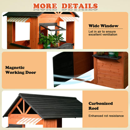 Easy Playhouse: Big Outdoor Wooden Playhouse - Working Door & Windows, Side Serving Station & Bench, Sink & Stove, Backyard Creative Toy Home, Kids 3+