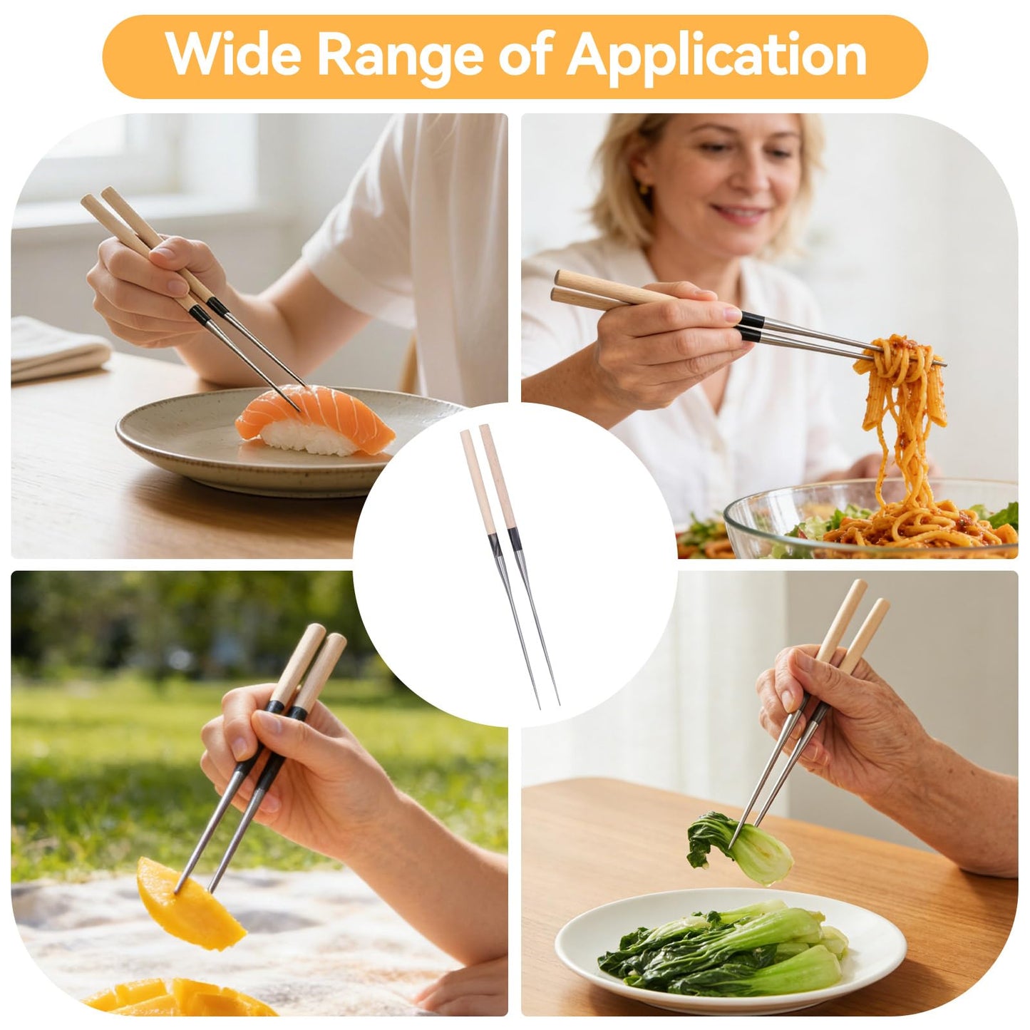 Sushi Chopsticks, 12.4in Stainless Steel Cooking Chopsticks with Wood Handle, Reusable Chop Sticks Dishwasher Safe for Frying, Hot Pot, Noodles and Japanese, Korean, Chinese Foods
