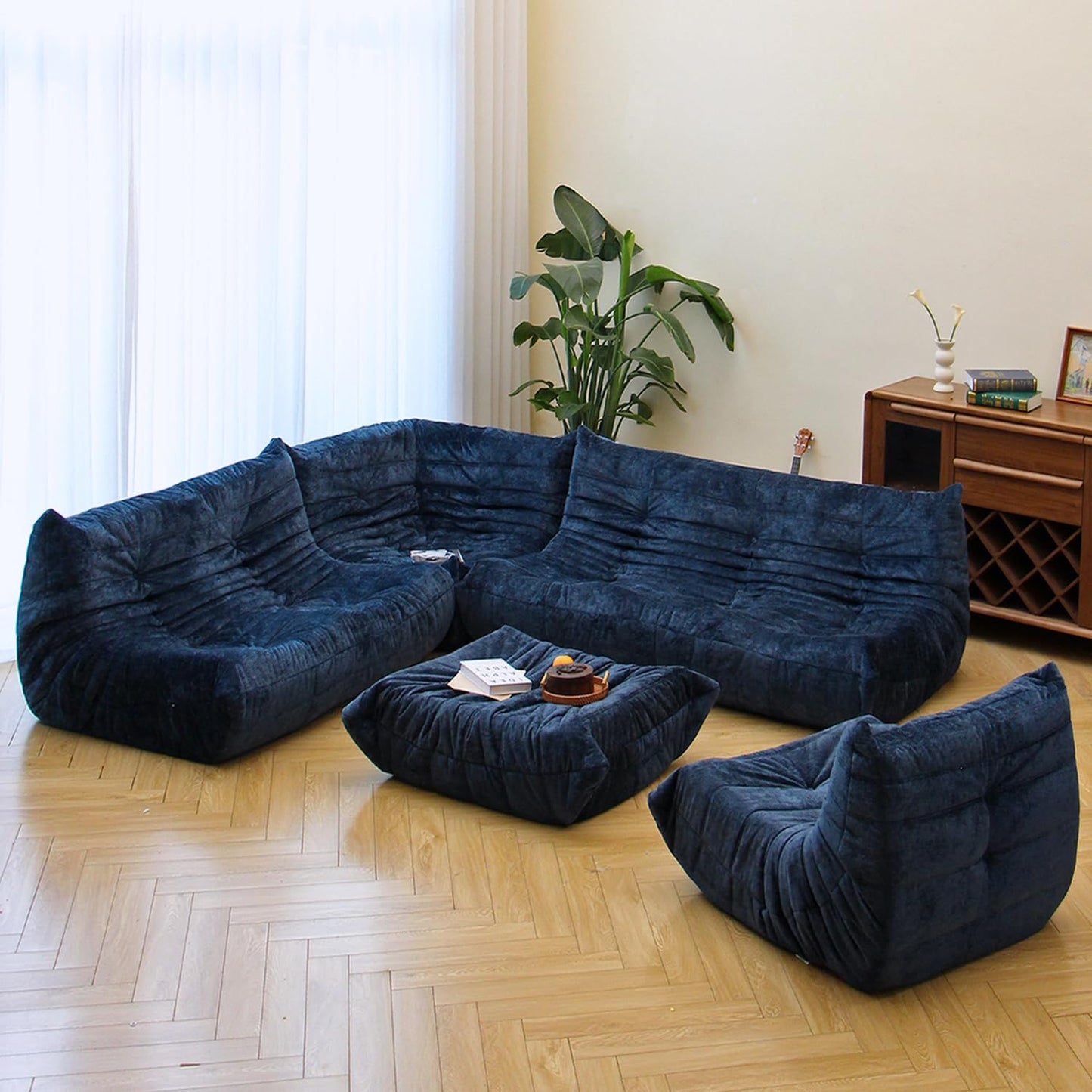 N&V Soft Premium Chenille Floor Lounge Chair, Mid Century Armless Floor Sofa, Foam Sofa Accent Chair for Living Room Bedroom and Office (Blue, Corner Chair)