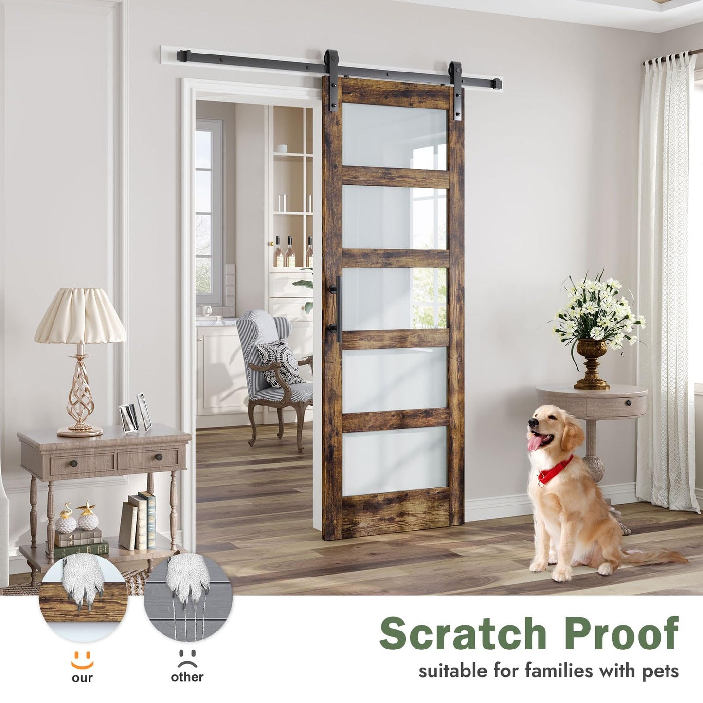 ROYMELO 32x84 Inch Glass Sliding Barn Door Slab and 5.5ft Hardware Kit Included, 5 Frosted Glass, LVL Wood Panel Covered with Brown Water-Proof Scratch-Proof PVC Surface, Simple DIY Assembly