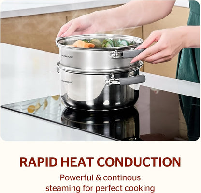 SUNHOUSE 3 Quarts Steamer Pots With Lid, 2-Tier Multipurpose Stainless Steel Steaming Pot Cookware With Stay-Cool Handles, Tri-ply Bottom, Compatible with All Cooktops