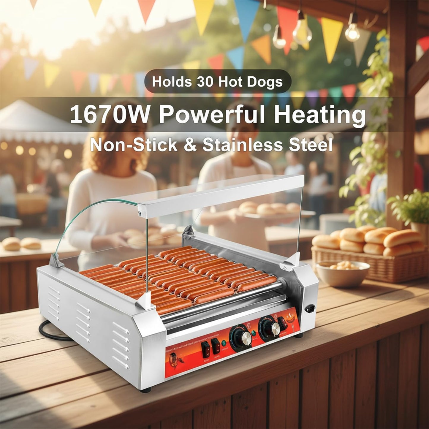 1700W Hot Dog Rollers,30 Hot Dog Capacity 11 Non-Stick Stainless Steel Rollers,Hot Dog Machine with Dust Cover,Hot Dog Roller Machine with Dual Temp Control and Led Light/Detachable Drip Tray (White)
