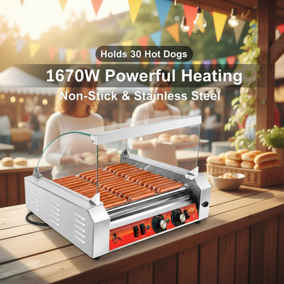 1700W Hot Dog Rollers,30 Hot Dog Capacity 11 Non-Stick Stainless Steel Rollers,Hot Dog Machine with Dust Cover,Hot Dog Roller Machine with Dual Temp Control and Led Light/Detachable Drip Tray (White)