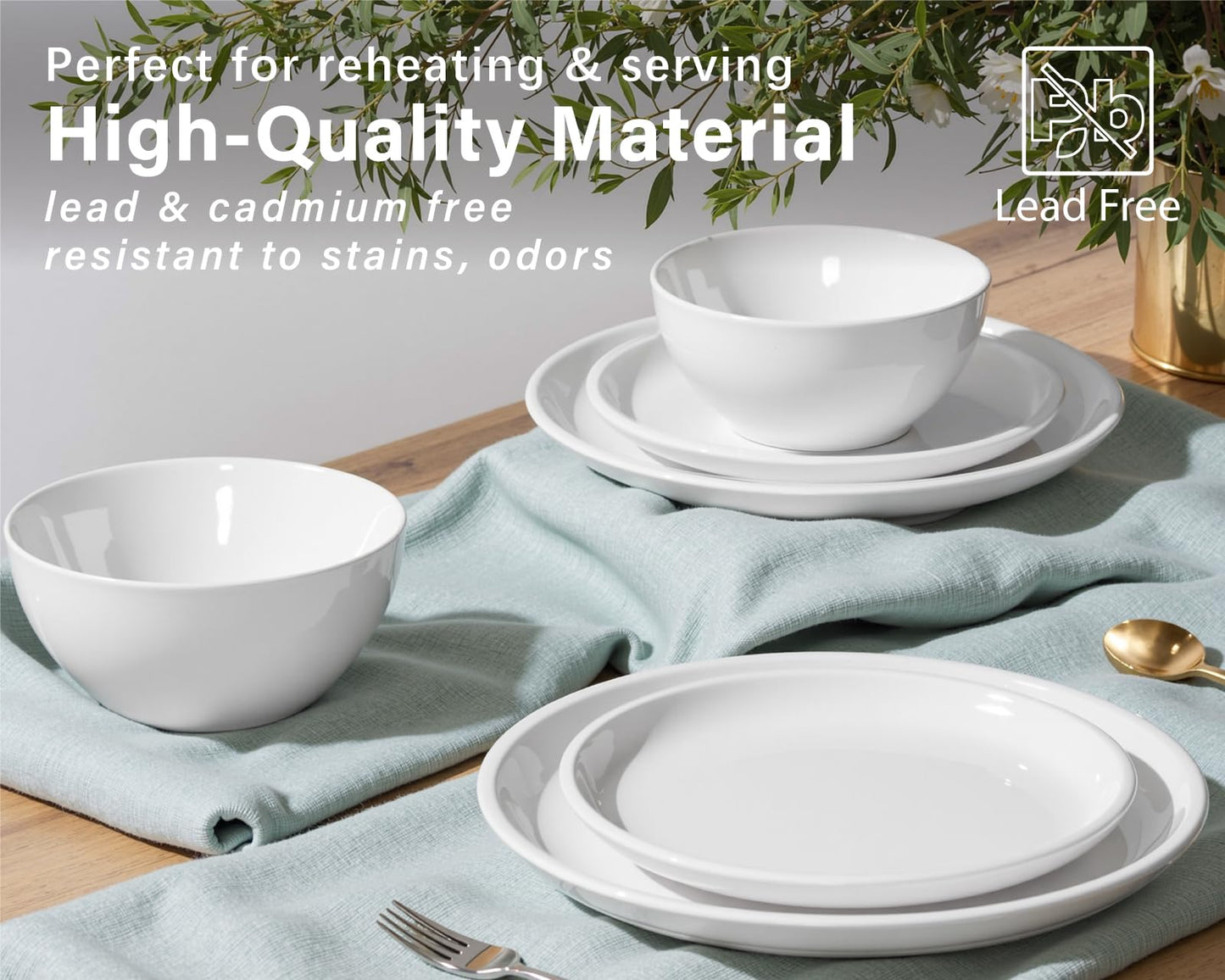 ONEMORE Plates and Bowls Set 12 Pcs,Stoneware Dinnerware Sets for 4 Microwavable,Oven & Dishwasher Safe Porcelain,Scratch Resistant Dishes Set,White