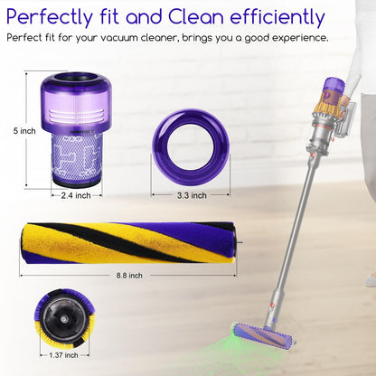 Soft Roller Brush Bar Compatible with Dyson V12 Detect Slim Handheld Vacuum Cleaner, Parts No.971634-01, with 2 Pack V12 HEPA Filters