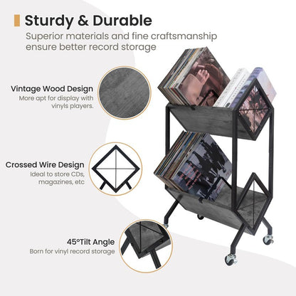 SwaaVee Vinyl Record Storage Holder with Wheels, 2-Tier Record Holder 160-200 LP with Dividers, Retro Style Quick Assembly Vinyl Record Display for Albums, Magazine, Book, Files(2 Tier- Gray)