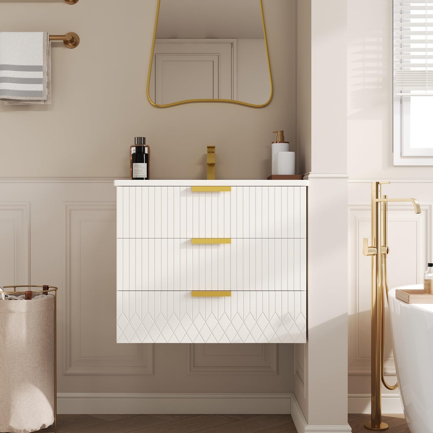 Merax 24" Wall Mounted Floating Cabinet w/Double Drawer, Floating Rectangular Vanity Small Bathroom Sink with Single Faucet Hole and Overflow, Modern Bathroom Cabinet with Ceramic Basin Sink, White