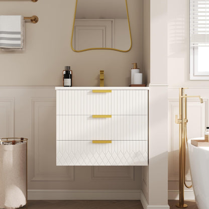 Merax 24" Wall Mounted Floating Cabinet w/Double Drawer, Floating Rectangular Vanity Small Bathroom Sink with Single Faucet Hole and Overflow, Modern Bathroom Cabinet with Ceramic Basin Sink, White