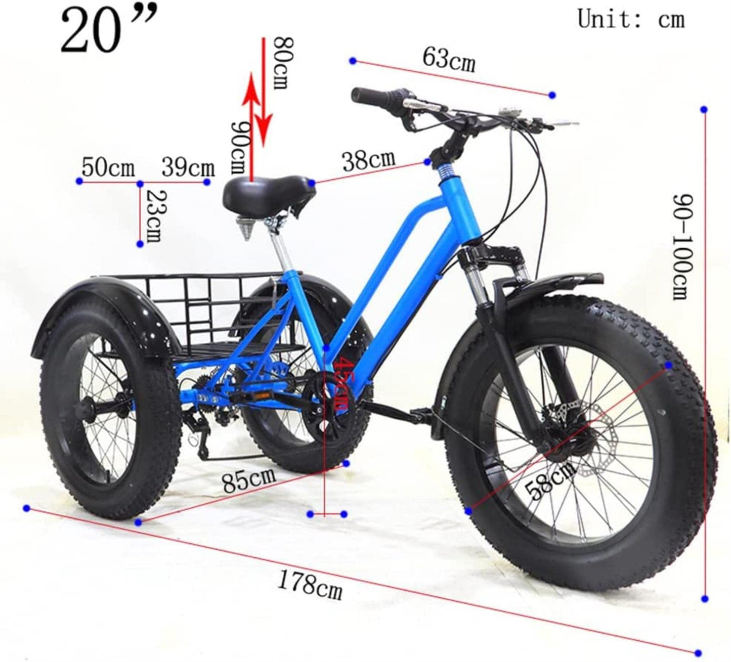 便利100 7-Speed Low Step-Through Tricycle 20" x 4.0 All Terrain Fat Tire Trike Urban Leisure Cycling Three-Wheel Bikes with Carry Cargo Basket, Vacation Camp Recreation Shopping Adult
