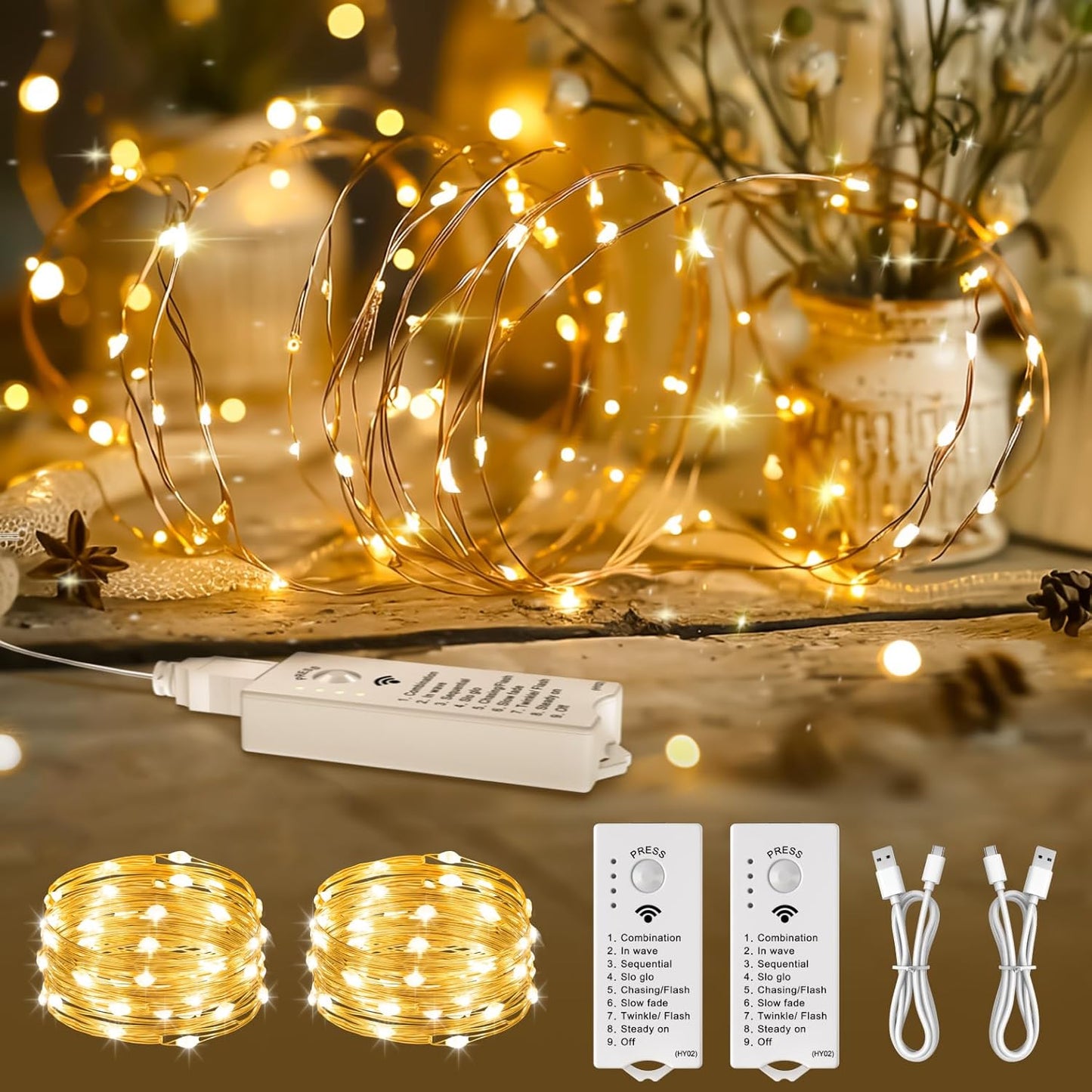 Skiennix 120L Twinkle Lights - 16FT 50LED Rechargeable Fairy Lights with DIY Timer & 8 Modes