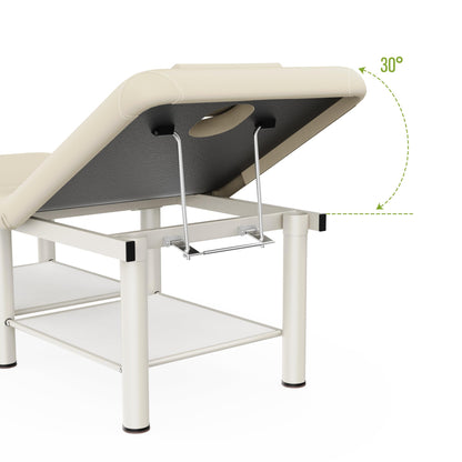Folding Stationary Massage Table with Backrest and Storage Space for Treatment Table Physical Therapy Table Spa Facial Bed, 6 Round legs Metal Frame PU Leather, 30.5'' Wide × 75'' Long - Beige Gray