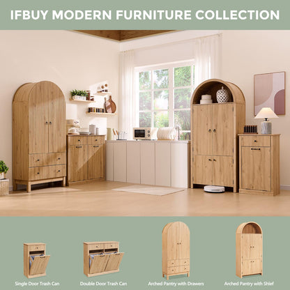 IFBUY Triple Tilt Out Laundry Hamper Cabinet, Modern Fluted Trash Can Cabinet with 3 Drawers, 20 Gallon Hidden Garbage Can Cabinet w/Laundry Basket & Adjustable shelf for Bathroom,Kitchen, Natural Oak