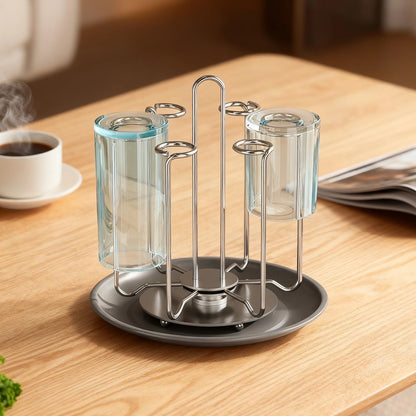 Toyosport Stainless Steel 4 Cups Mug Drying Rack, Rotating Bottle Drying Holder, Countertop Cup Drying Rack with Drain Tray, Space Saving