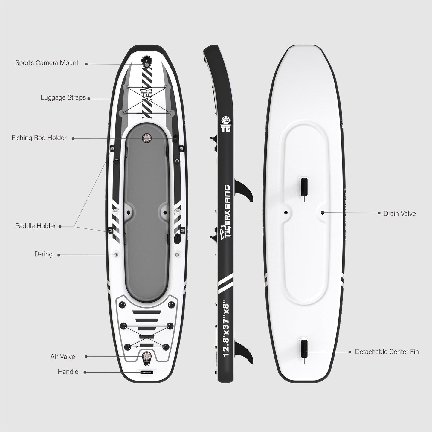 TIGERXBANG 12'8" Inflatable Tandem Kayak, Fishing & Touring, 2 Seats, Adjustable Paddle, Perfect for Family Adventures & Fishing, Includes Backpack & Repair Kit