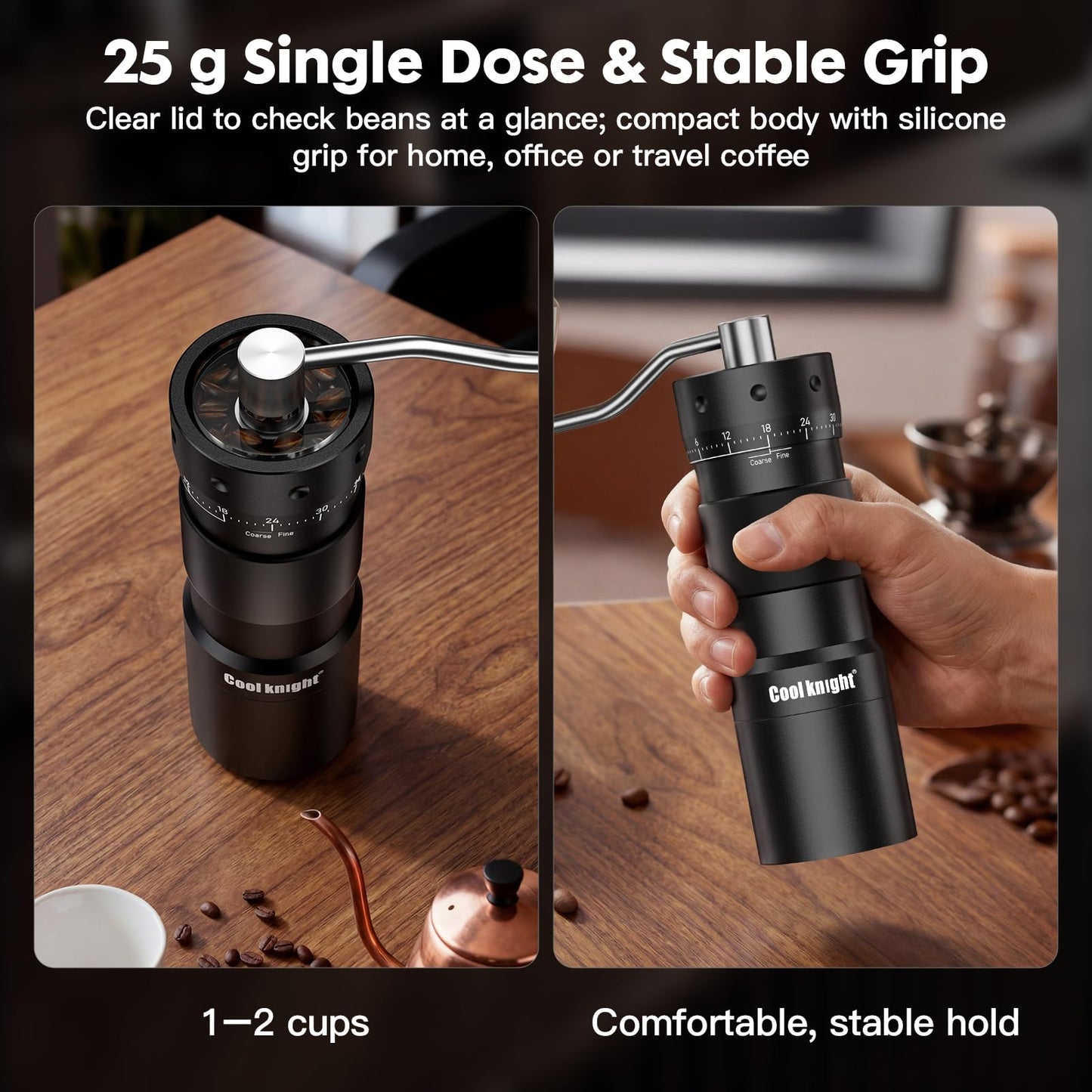 COOL KNIGHT Manual Coffee Grinder, 7-Edge SUS420 Stainless Steel Conical Burr, 72-Click External Adjustment, 25g Capacity, Aluminum Body, Walnut Handle, Magnetic Catch Cup for Espresso & Pour Over