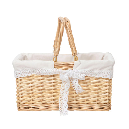 Handwoven Wicker Picnic Basket with Lace Lining, Natural Rattan Tote with Handles, Boho Basket for Outdoor Picnics, Bridal Showers, Weddings & Home Storage