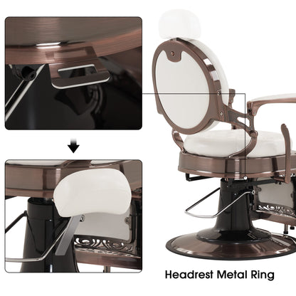 BarberPub Heavy Duty Metal Vintage Barber Chair All Purpose Hydraulic Recline Salon Beauty Spa Chair Styling Equipment 8914 (White with Reddish Bronze Frame)